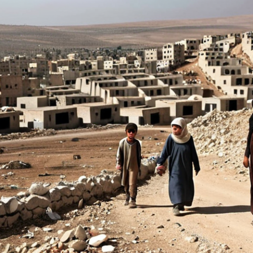**

A heart-wrenching scene depicting the Syrian humanitarian crisis. Show a war-torn landscape with displaced families struggling for survival. Emphasize the lack of basic necessities like food and medical care, with vulnerable children and elderly individuals bearing the brunt of the suffering. Capture the despair and resilience of the Syrian people amidst the ongoing conflict, with elements that visually represent the challenges of famine and lack of medical supplies. Include visual cues of Urdu culture to represent the target audience's understanding of the scene.

**