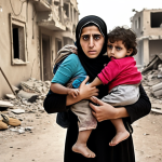 **A Syrian family fleeing their destroyed home, faces etched with fear and exhaustion, clutching meager belongings. Focus on the mother's eyes conveying resilience amidst despair. Dusty, war-torn background. Cinematic, desaturated colors.**