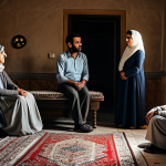 A Syrian Drama Scene**

"A beautifully lit scene from a family-friendly Syrian drama, set in a modest traditional home, fully clothed actors engaged in heartfelt conversation, appropriate content, safe for work, natural pose, perfect anatomy, professional lighting, modest attire, depicting cultural values, high quality."

**