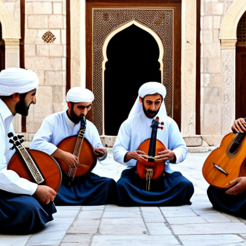 Traditional Syrian Ensemble**

"A group of Syrian musicians performing traditional music in a historic courtyard setting in Damascus, fully clothed in modest, traditional Syrian attire, playing instruments such as the oud, qanun, and darbuka, safe for work, appropriate content, perfect anatomy, correct proportions, professional photography, high quality, family-friendly."

**