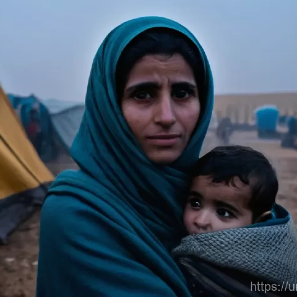 시리아의 국제 구호 활동 - **Prompt:** A poignant scene depicting the harsh realities of displacement for Syrian families in a ...