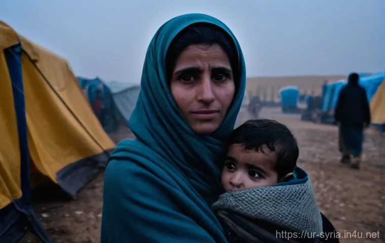 시리아의 국제 구호 활동 - **Prompt:** A poignant scene depicting the harsh realities of displacement for Syrian families in a ...