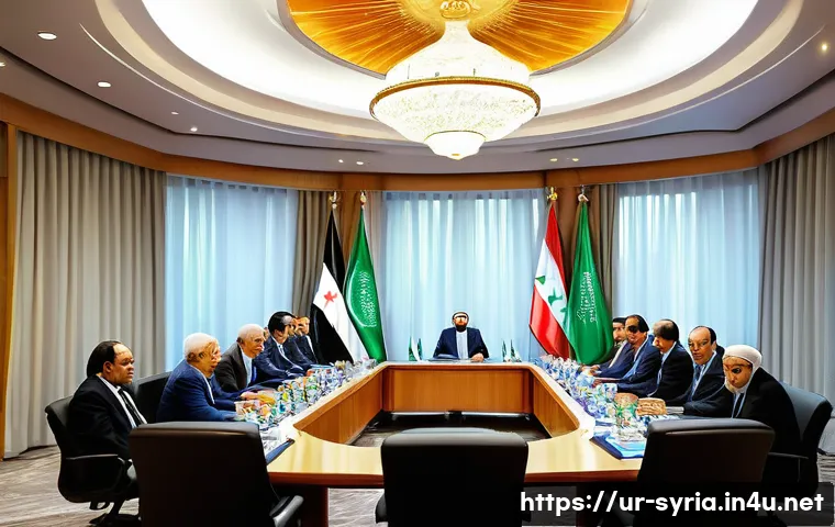 시리아와 주변국의 관계 - **Prompt:** "A panoramic, dignified image depicting a newly formed Syrian interim government in a mo...