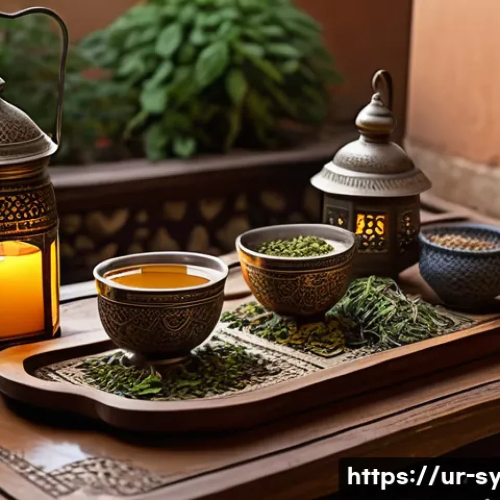 시리아의 전통 약초와 건강법 - A serene Middle Eastern herbal tea scene set in a traditional Damascus courtyard during golden hour,...