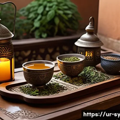 Home 33 시리아의 전통 약초와 건강법 - A serene Middle Eastern herbal tea scene set in a traditional Damascus courtyard during golden hour,...