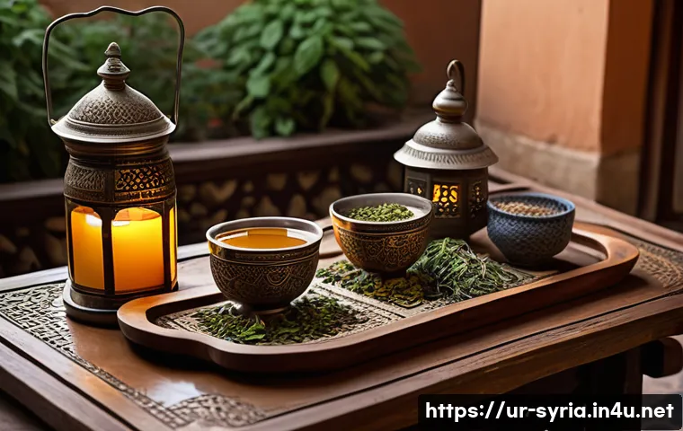 시리아의 전통 약초와 건강법 - A serene Middle Eastern herbal tea scene set in a traditional Damascus courtyard during golden hour,...