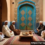 Home 20 시리아 소설과 문학적 배경 - A richly detailed scene of a traditional Syrian village gathering during the Ottoman era, featuring ...