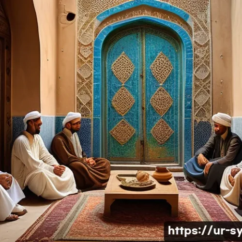 Home 32 시리아 소설과 문학적 배경 - A richly detailed scene of a traditional Syrian village gathering during the Ottoman era, featuring ...
