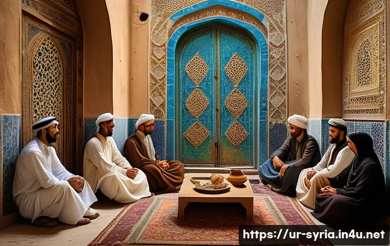 시리아 소설과 문학적 배경 - A richly detailed scene of a traditional Syrian village gathering during the Ottoman era, featuring ...