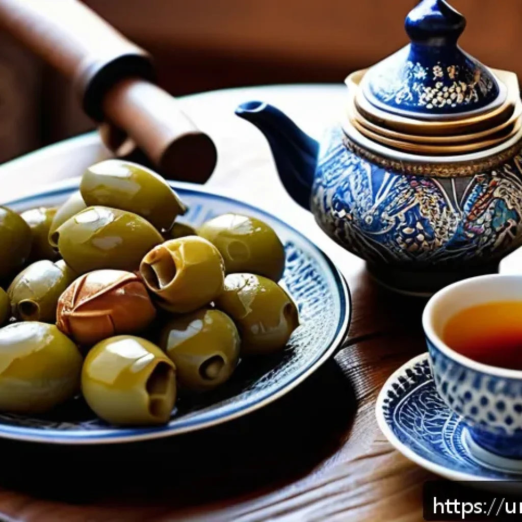 시리아의 전통 차 문화 - A traditional Syrian tea setting in a cozy Damascus home during sunset, featuring a small ornate tea...