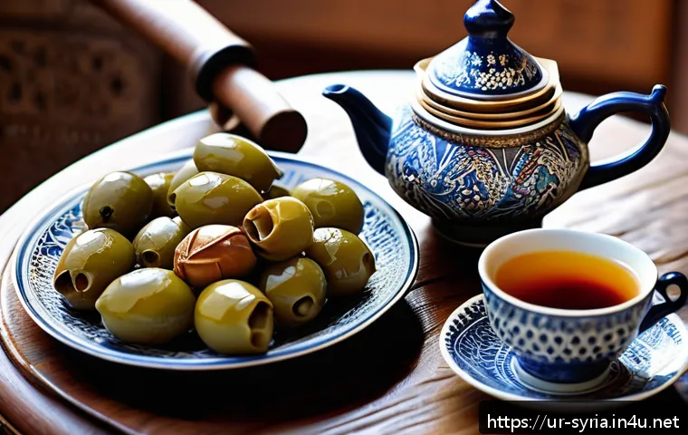 시리아의 전통 차 문화 - A traditional Syrian tea setting in a cozy Damascus home during sunset, featuring a small ornate tea...