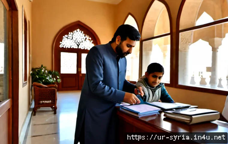 시리아 여행 시 주의할 점 - Photorealistic travel safety planning scene in a quiet Damascus hotel lobby, an Urdu-speaking Pakist...
