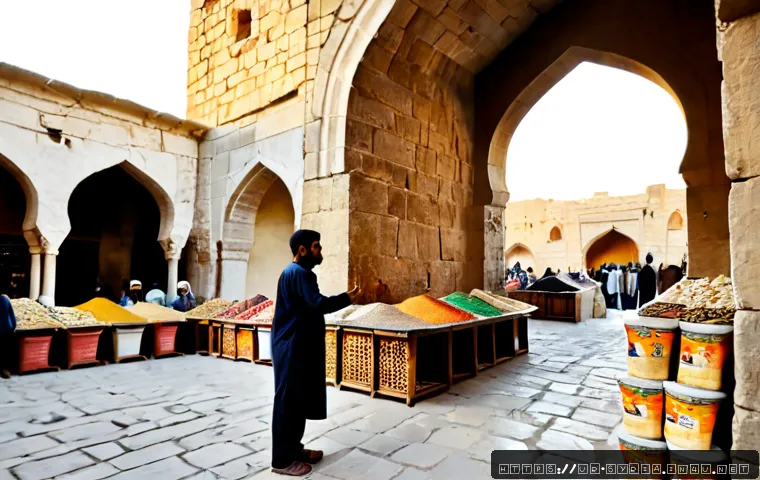Home 17 시리아 여행 중 현지인과 소통하기 - Photorealistic travel scene in a historic Syrian old-town market, a modest Urdu-speaking Pakistani t...