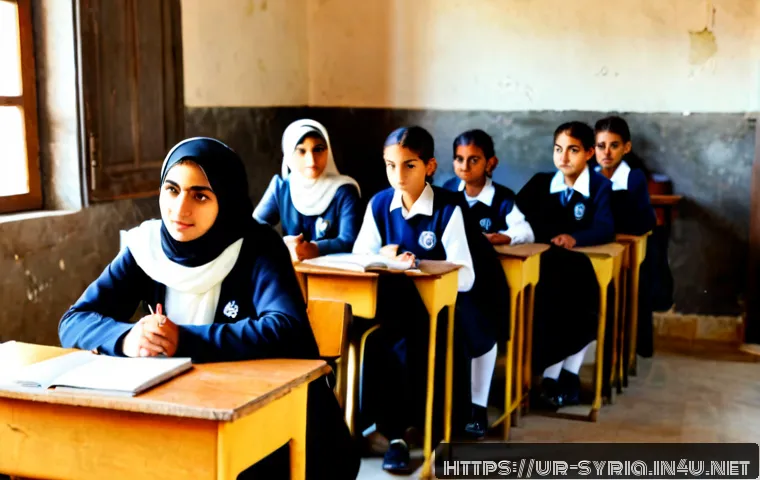 Home 17 시리아의 교육 체계 - Photorealistic Syrian public school classroom, diverse middle-school students in modest uniforms sea...